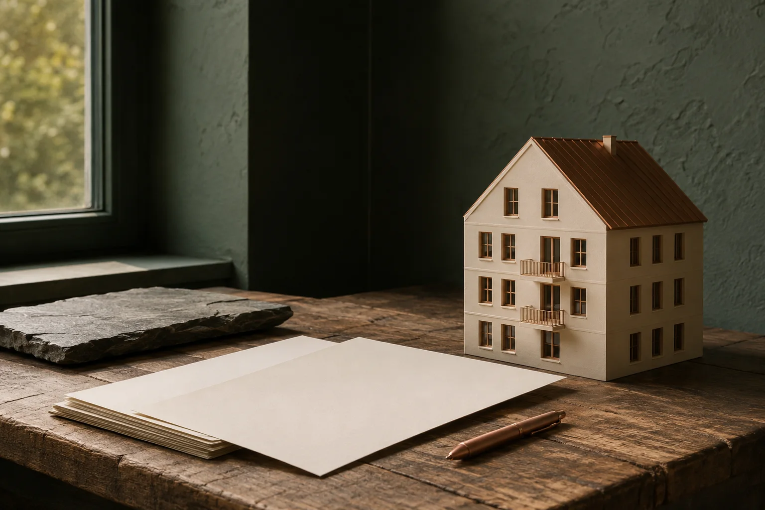 KI-generierte, symbolische Bildkomposition zum Thema mehrfamilienhaus verkaufen
