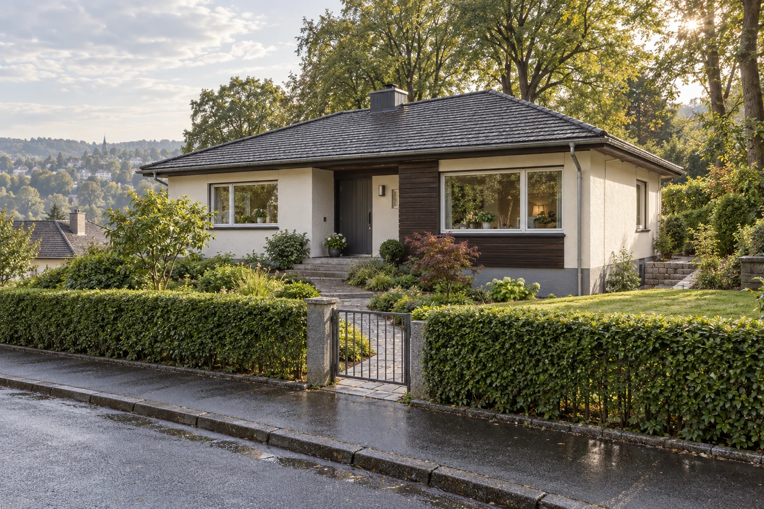 Heller Bungalow mit dunklem Walmdach, Holzverkleidung und gepflegtem Garten hinter einer niedrigen Hecke mit Metalltor.